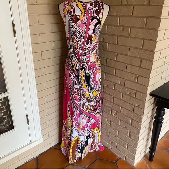 Cache Vintage Paisley Floral 90s Y2K Long Maxi Dress sz Medium M Pink Chain Belt - Picture 6 of 9